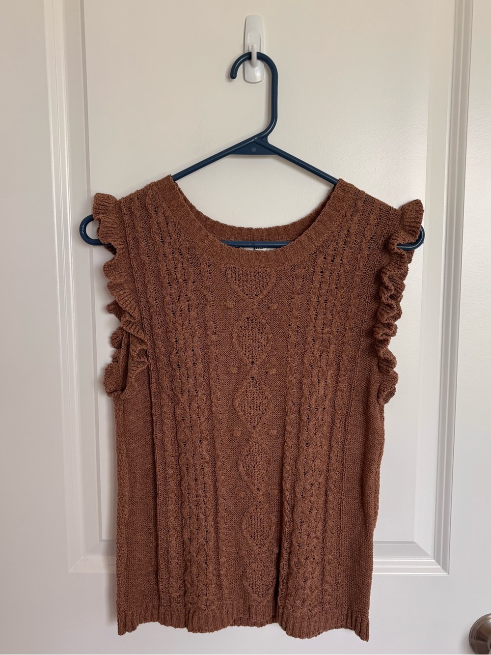 Mine Sleeveless Cable Knit Ruffle Sweater Rust Brown